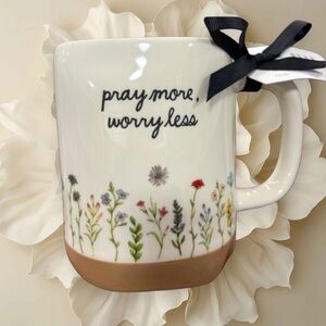 Rae Dunn PRAY MORE WORRY LESS Floral White Ceramic Mug with Inspirational Quote